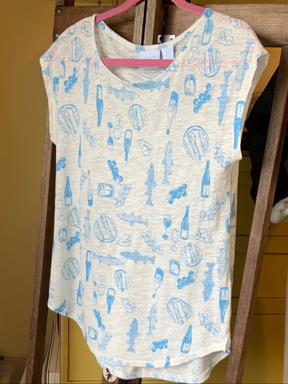 Cynthia Rowley Cream Tee with Light Blue Food & Drink Prints